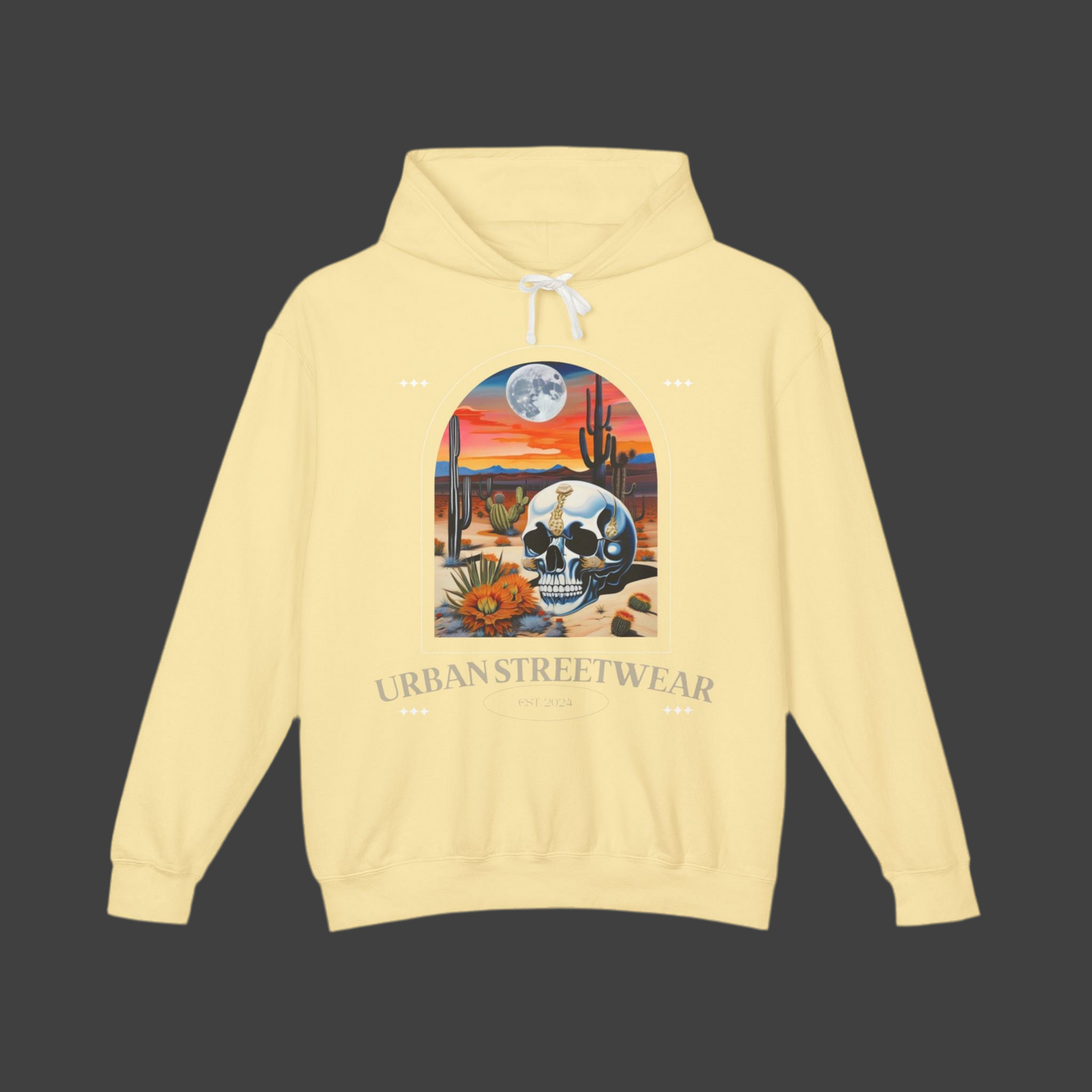 Urban Gateway lightweight hoodie in a bright yellow color with a unique desert skull design