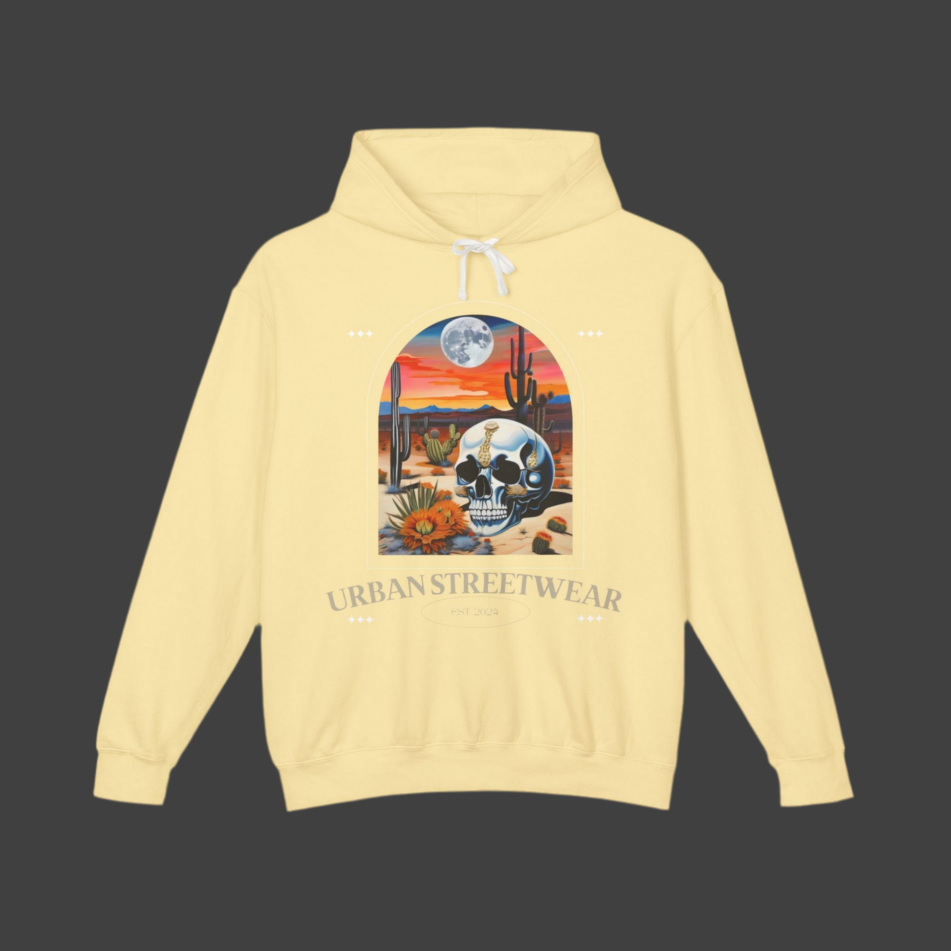 Urban Gateway lightweight hoodie in a bright yellow color with a unique desert skull design