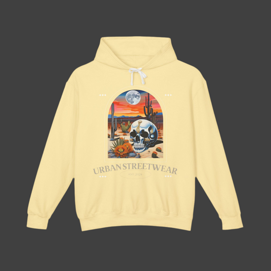 Urban Gateway lightweight hoodie in a bright yellow color with a unique desert skull design